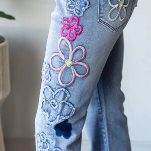 Oli & Hali Light Blue Straight Leg Jeans with Floral Embroidery